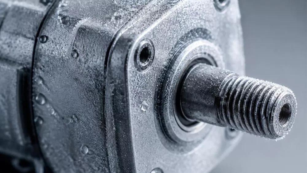 Frost and ice on a gear motor housing
